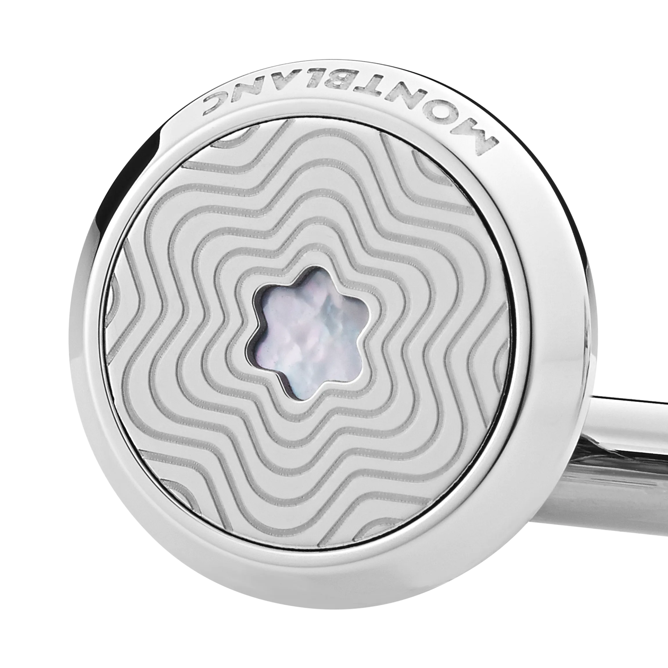 Cufflinks, round in stainless steel with exploding star pattern and mother-of-pearl snowcap emblem