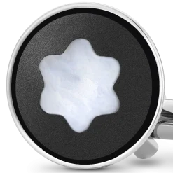 Cufflinks, round in stainless steel with black PVD inlay and mother-of-pearl snowcap emblem