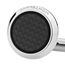 Cufflinks, round in stainless steel with carbon-patterned inlay