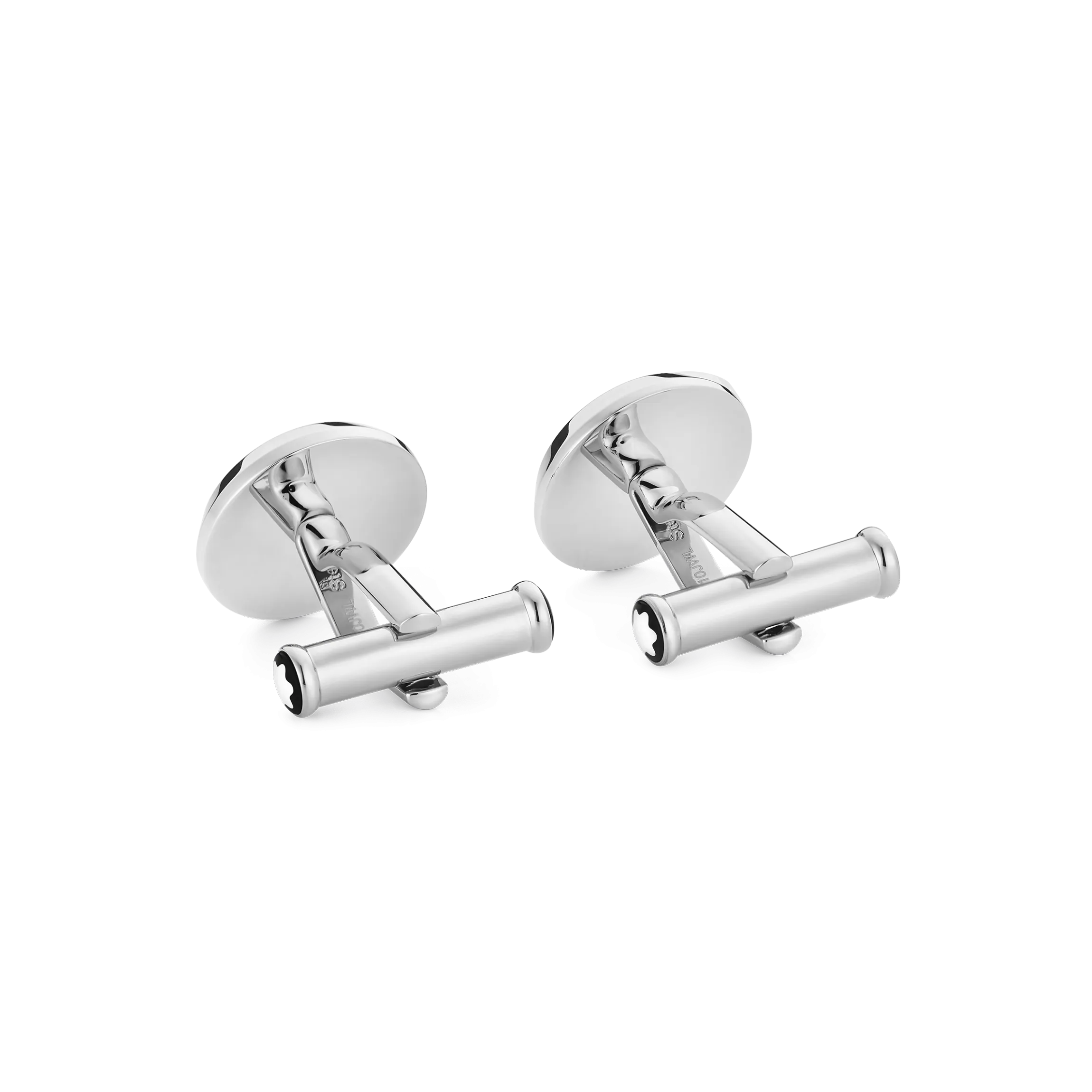 Cufflinks, round in stainless steel with carbon-patterned inlay