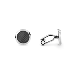 Cufflinks, round in stainless steel with carbon-patterned inlay