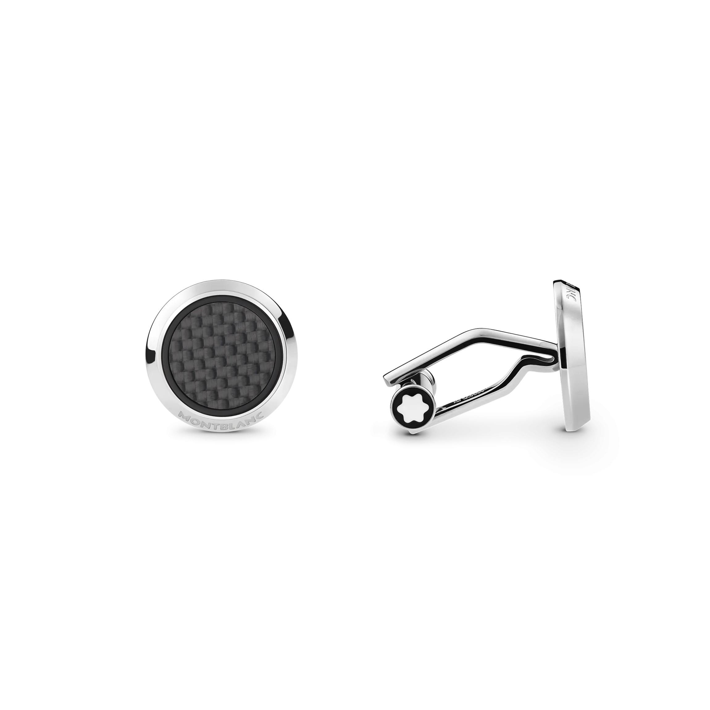 Cufflinks, round in stainless steel with carbon-patterned inlay