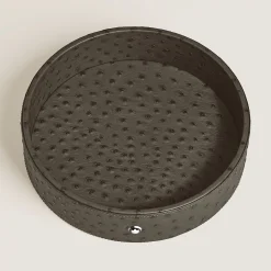Large Round Desk Tray in Ostrich-Embossed Leather